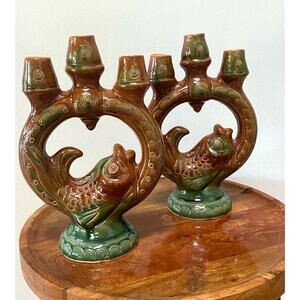 Vintage Skopinskaya ceramic USSR Set Majolica Fish Candle Holders‎ Mid Century